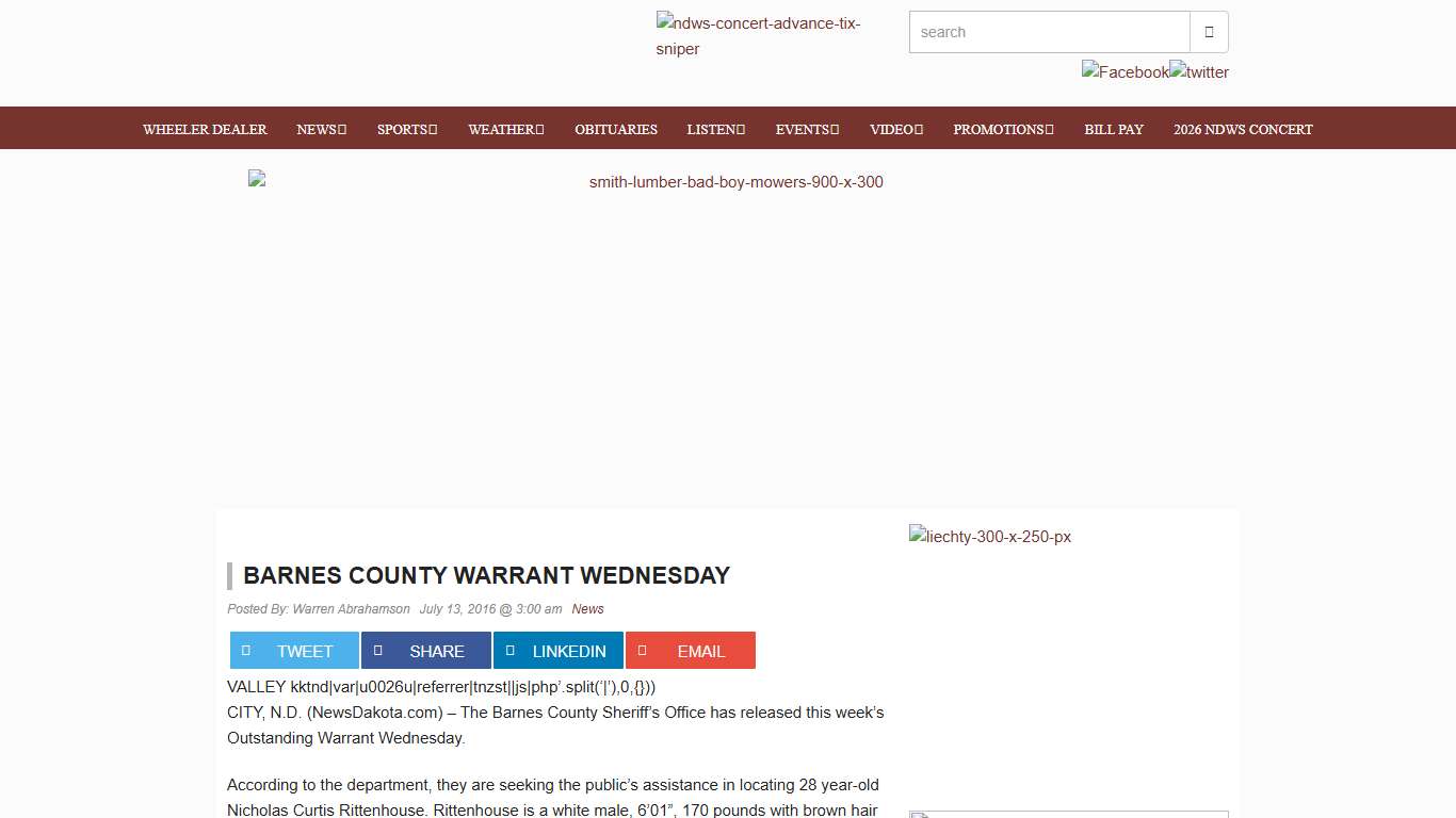 Barnes County Warrant Wednesday News Dakota